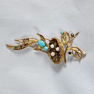 Multi-Stone, 18k Bird with Nest Pin, Cheany