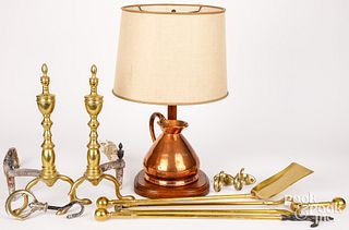 Pair brass andirons and tools, table lamp