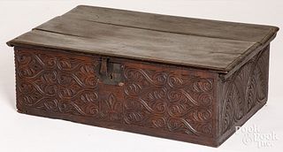Large Pilgrim century carved oak lock box