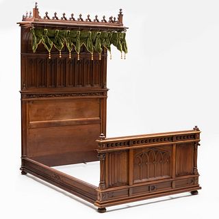 French Gothic Revival Walnut Tester Bed, in the Style of Viollet-le-Duc