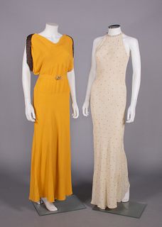 TWO HAMMERED SILK CREPE EVENING GOWNS, 1935-1939