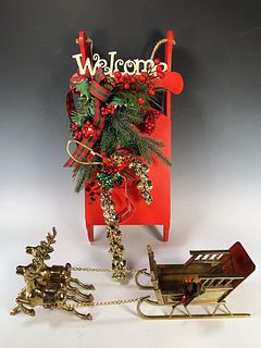 BRASS REINDEER PULLING SLEIGH AND MORE