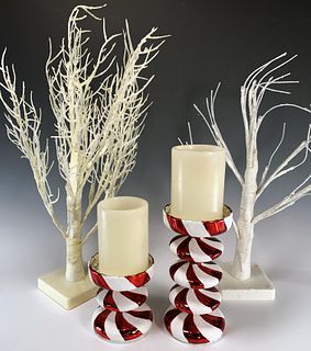 GLASS PEPPERMINT CANDLE HOLDERS AND LIT WHITE FROSTED TREES