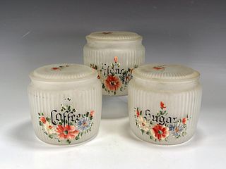 3 ANCHOR HOCKING FROSTED GLASS FLORAL CANISTERS 