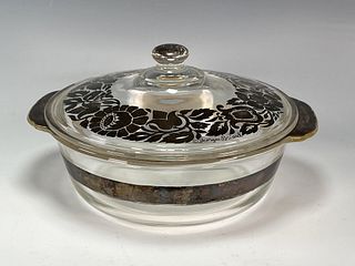 GEORGES BRIARD GLASS SILVER OVERLAY LID W ANCHOR HOCKING CASSEROLE IN METAL BASE