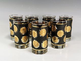 7 BLACK TEXTURED GOLD COIN GLASS TUMBLERS
