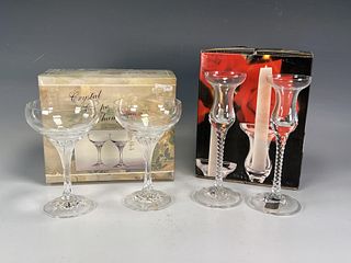 CRYSTAL D ARQUES CHAMPAGNE COUPES & CANDLE HOLDERS IN BOX