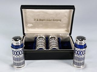 F.B. ROGERS SILVERPLATE SHAKERS WITH COBALT GLASS INSERT IN BOX