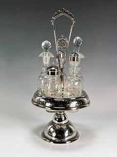 R.B. & CO SILVERPLATE CONDIMENT CADDY WITH GLASS BOTTLES