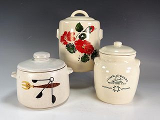 3 POTTERY JARS WITH LIDS MCCOY, WESTBEND