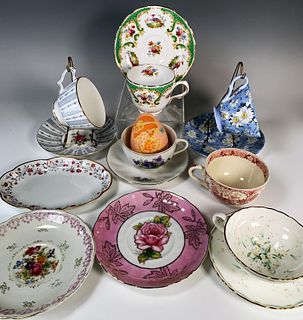 COLLECTION OF TEACUPS AND SAUCERS AND LIMOGES TRINKET DISH