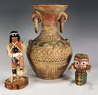 HAND CARVED POTTERY VASE AND FIGURINES