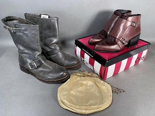 2 PAIRS OF ANKLE BOOTS & HANDBAG FRYE