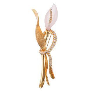 Henry Dunay 18k Gold Frosted Rose Quartz Diamond Calla Lily Brooch