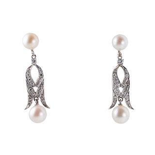 Midcentury 14k Gold Diamond Pearl Drop Earrings