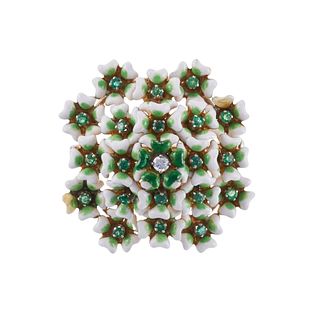 Vintage 18k Gold Enamel Emerald Diamond Flower Brooch Pin