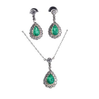 Platinum Diamond Emerald Earrings Necklace Set