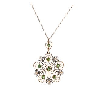 Antique 14k Gold Demantoid Garnet Pearl Diamond Silver Pendant on Chain Necklace