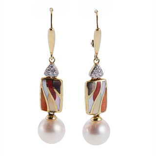 Asch Grossbardt Inlay Gemstone Pearl Diamond Gold Earrings