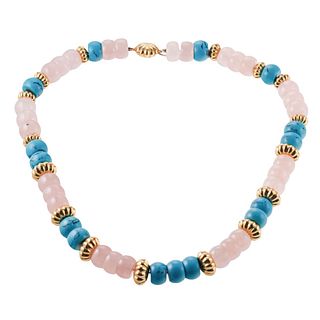 18k Gold Rose Quartz Turquoise Bead Necklace