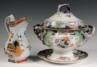 ENGLISH IRONSTONE COVERED TUREEN, UNDERPLATE & PITCHER