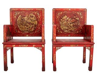 Chinese Red and Gilt Lacquer Armchairs, 20th C.