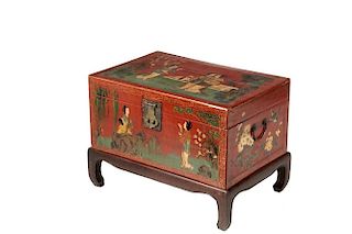 CHINESE PAINTED TRUNK ON STAND