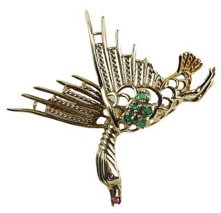 Gold, Emerald, and Ruby Goose Brooch