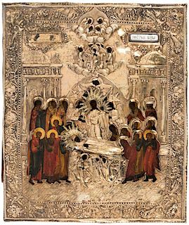 A RUSSIAN ICON OF DORMITION OF THE MOTHER OF GOD IN A GILT SILVER OKLAD, MARKED SE, MOSCOW, 1830S