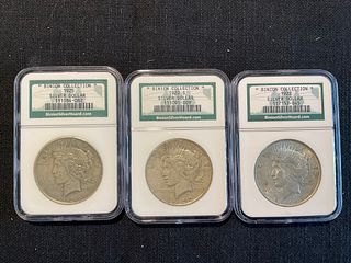 Group of 3 Peace Silver Dollars 1922, 1922 S, 1925 Binion Silver Hoard Collection in NGC Holder