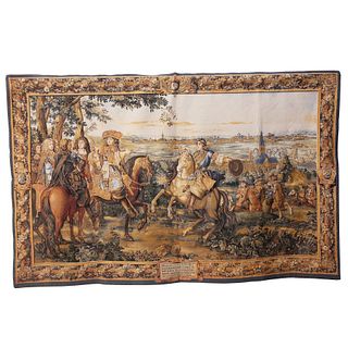 GOBELINO BÉLGICA SIGLO XX Elaborado en fibras de lana y algodón  Decorado con escena de Luis XIV comandando su ejército en Flandes