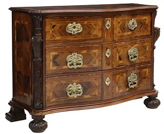 CONTINENTAL BAROQUE STYLE BANDED WALNUT COMMODE