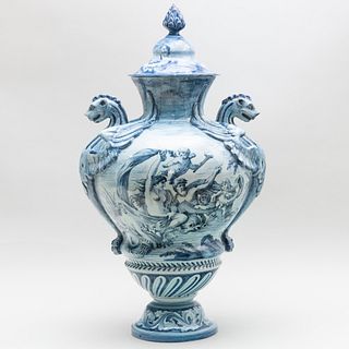 Savona Blue Decorated Faience Vase and Cover 