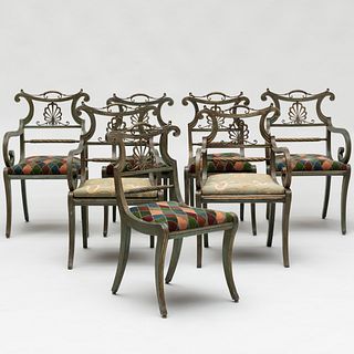 Set of Five Regency Brass-Mounted Painted and Caned Dining Chairs, Together with Two Chairs of a Later Date