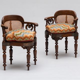 Pair of Anglo-Indian Brass-Mounted Hardwood and Caned Corner Armchairs 