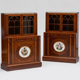 Fine Pair of George III Porcelain-Mounted Inlaid Mahogany Bookcase Writing Cabinets 