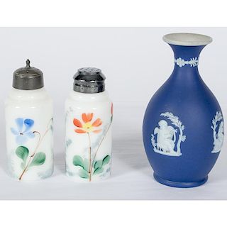 Wedgwood Jasperware Vase and Bristol Glass Shakers