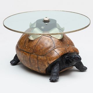 Italian Painted Composition, Brass, Hardstone and Glass Tortoise Form Low Table