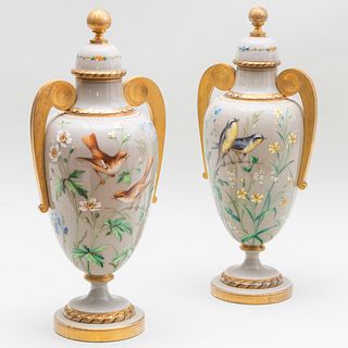 Pair of French Enameled Glass Urns and Covers 