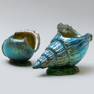Two Loetz Iridescent Glass Seashell Form Vases 