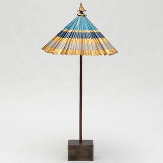 Southeast Asian Painted and Parcel-Gilt Wood and Paper Parasol on Stand 