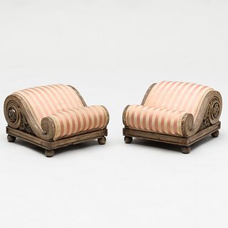 Pair of Regency Grey Painted Mahogany and Composition Footstools with Brass Feet