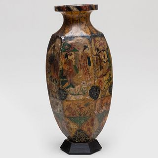 Rare Italian Polychrome Lacquer, Metal and Wood Tall Vase, Piedmontese, Signed  Francesco Petri