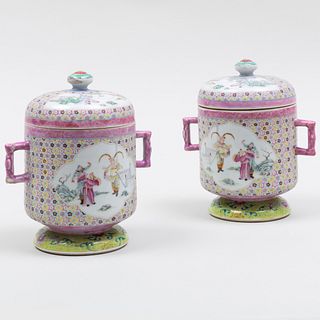 Pair of Chinese Famille Rose Porcelain Cylindrical Jars and Covers 