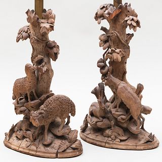 Pair of Black Forest Wood Lamps