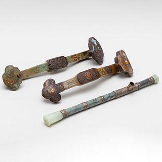 Two Chinese Metal-Mounted Hardstone Ruyi Scepters and an Opium Pipe