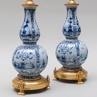 Pair of Delft Blue and White Double Gourd Vases Mounted as Lamps