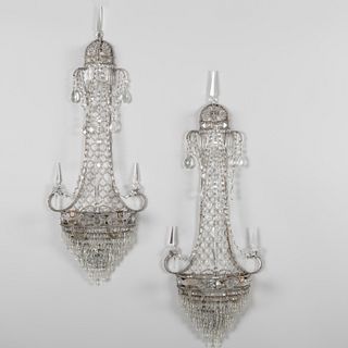 Pair of French Silvered-Metal and Beaded Glass Two-Light Sconces, Modern