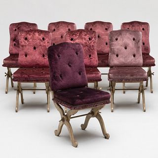 Set of Eight Italian Painted X-Form and Velvet Upholstered Folding Banquet Chairs, Supplied by Filippo Perego