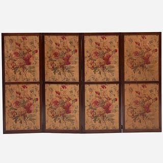 Directoire Mahogany and Glazed Cotton Floral Four Panel Screen